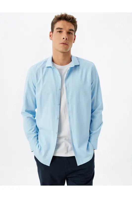 Klasik Gömlek Slim Fit Uzun Kollu Yarım İtalyan Yaka Pamuk Karışımlı - Mavi - 3