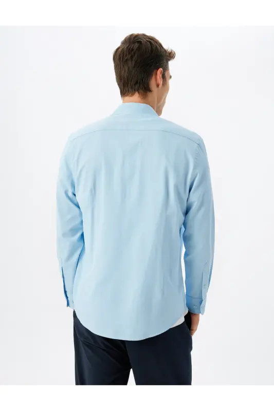 Klasik Gömlek Slim Fit Uzun Kollu Yarım İtalyan Yaka Pamuk Karışımlı - Mavi - 4