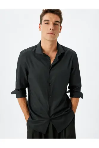 Klasik Gömlek Slim Fit Uzun Kollu Yarım İtalyan Yaka Pamuk Karışımlı - Siyah - 1