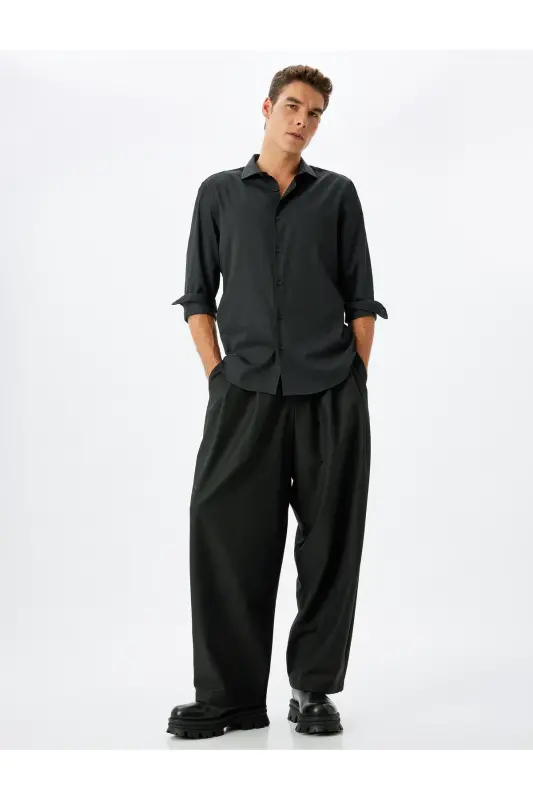 Klasik Gömlek Slim Fit Uzun Kollu Yarım İtalyan Yaka Pamuk Karışımlı - Siyah - 2