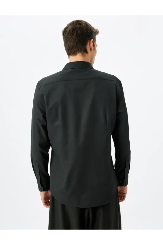 Klasik Gömlek Slim Fit Uzun Kollu Yarım İtalyan Yaka Pamuk Karışımlı - Siyah - 4