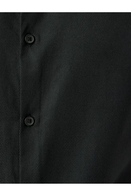 Klasik Gömlek Slim Fit Uzun Kollu Yarım İtalyan Yaka Pamuk Karışımlı - Siyah - 6