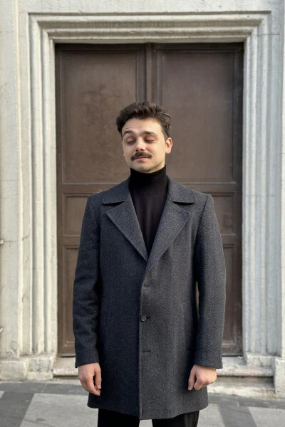 Regular Fit Balıksırtı Antrasit Kruvaze Yaka Kaşe Kaban-KAPALI GRİ - KARADAĞLI (1)