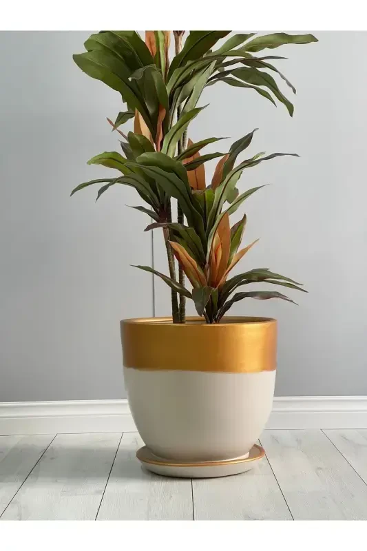 10litre Klasik Saksı Tabaklı 25cmx23cm Ekru Gold-Krem - 1