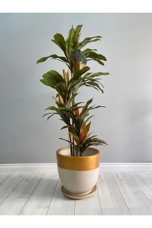 10litre Klasik Saksı Tabaklı 25cmx23cm Ekru Gold-Krem - 2