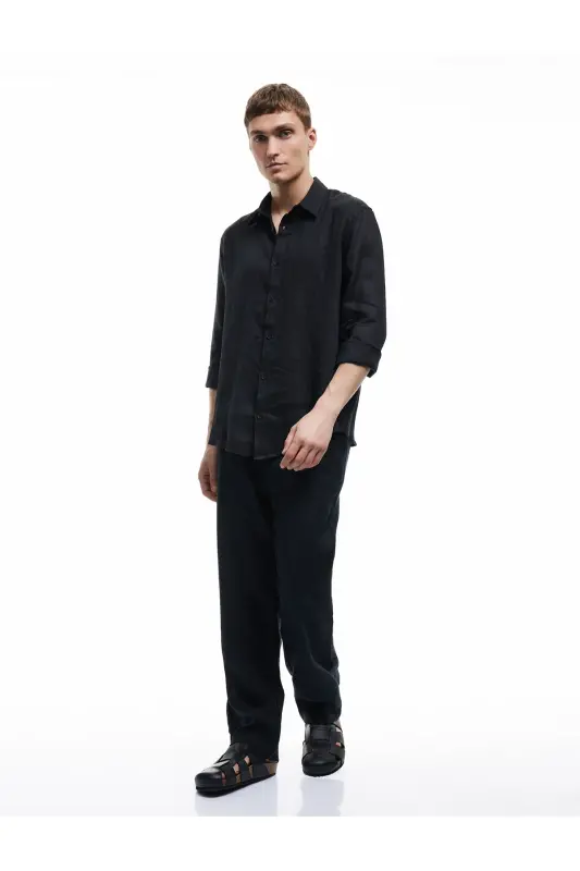 Klasik Yaka Regular Fit Uzun Kollu Keten Gömlek - 142329 - 1