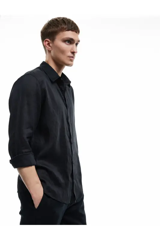 Klasik Yaka Regular Fit Uzun Kollu Keten Gömlek - 142329 - 3