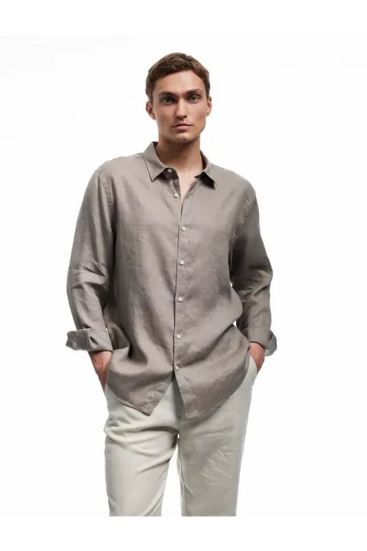 Klasik Yaka Regular Fit Uzun Kollu Keten Gömlek - 521 - Koton