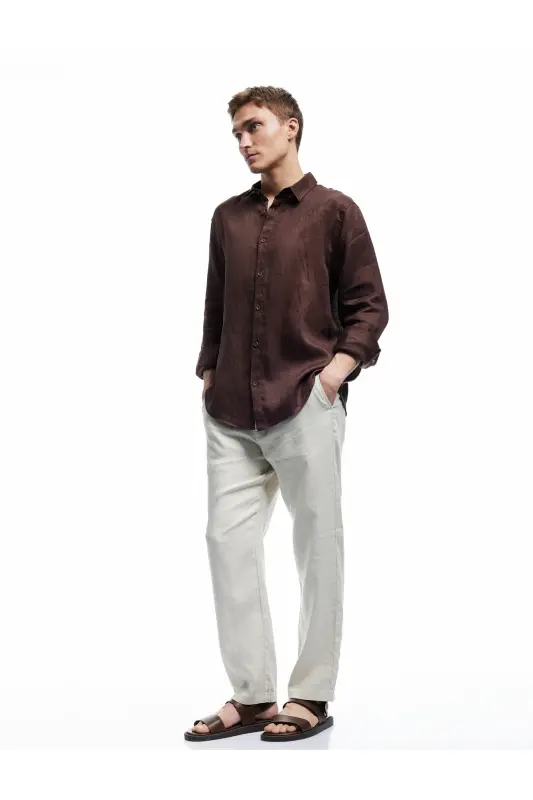Klasik Yaka Regular Fit Uzun Kollu Keten Gömlek-918 - 2