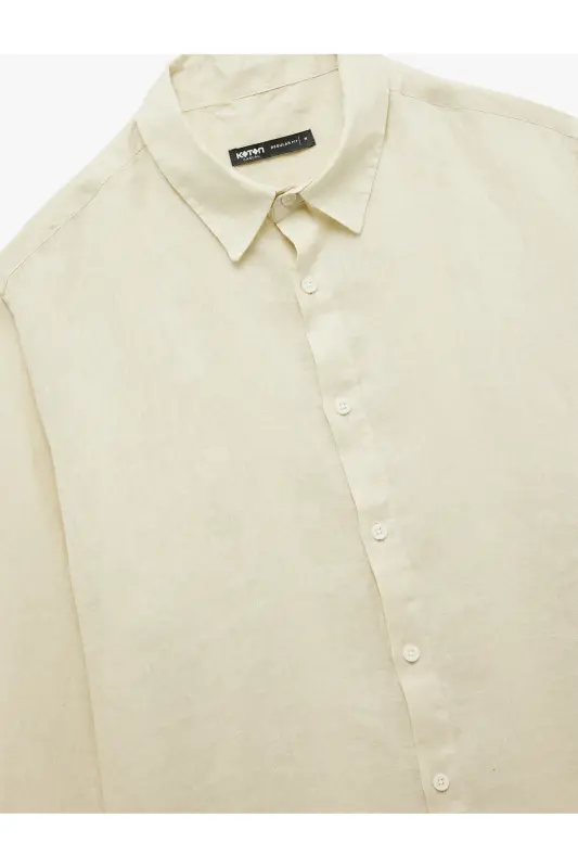 Klasik Yaka Regular Fit Uzun Kollu Keten Gömlek-Ekru - 5