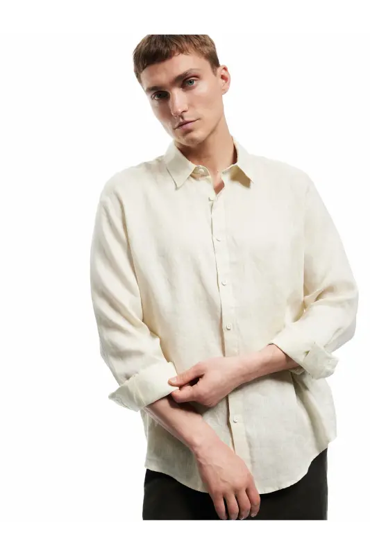 Klasik Yaka Regular Fit Uzun Kollu Keten Gömlek-Ekru - 2
