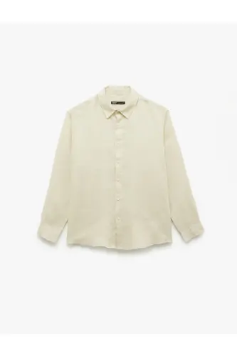 Klasik Yaka Regular Fit Uzun Kollu Keten Gömlek-Ekru - 3