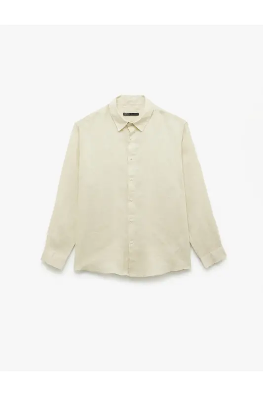 Klasik Yaka Regular Fit Uzun Kollu Keten Gömlek-Ekru - 3