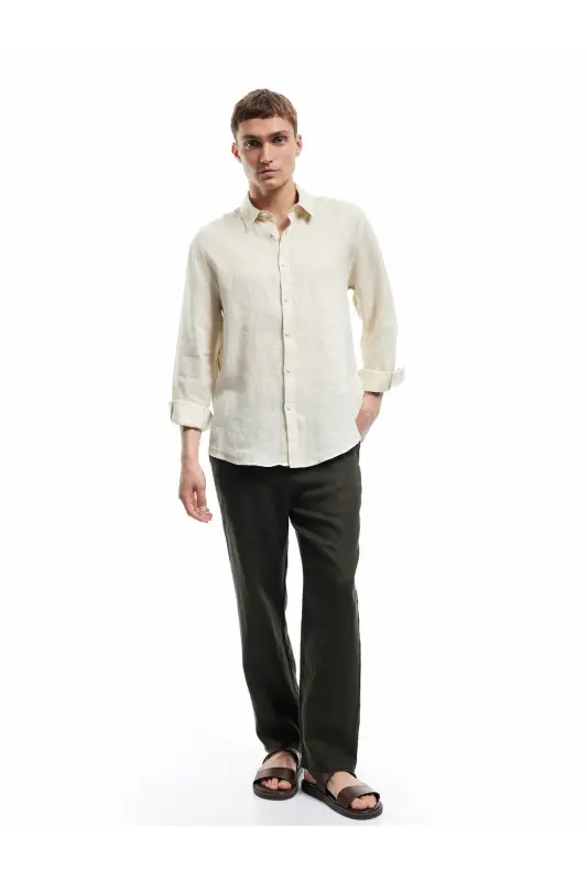 Klasik Yaka Regular Fit Uzun Kollu Keten Gömlek-Ekru - KOTON