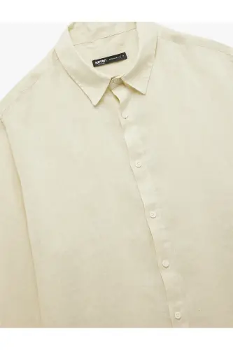 Klasik Yaka Regular Fit Uzun Kollu Keten Gömlek-Ekru - 5