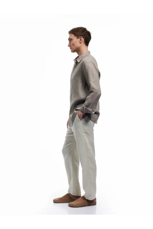 Klasik Yaka Regular Fit Uzun Kollu Keten Gömlek - Kahve - 5