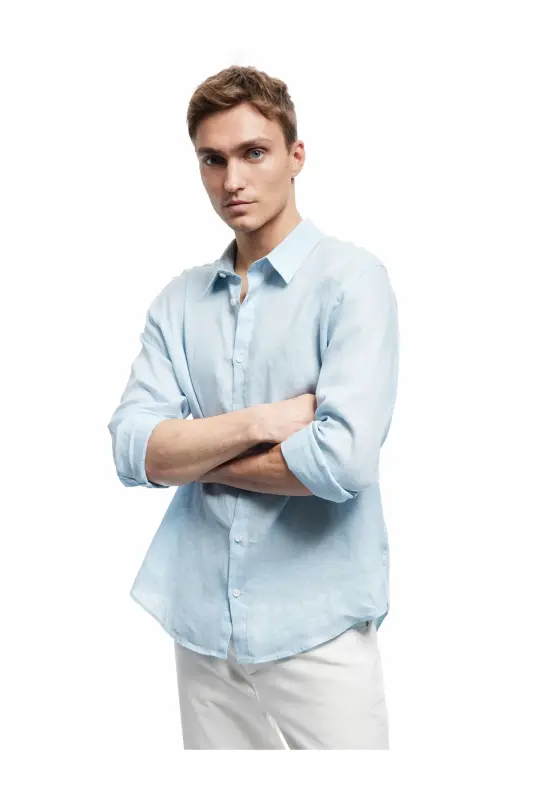 Klasik Yaka Regular Fit Uzun Kollu Keten Gömlek-Mavi - 2