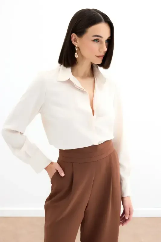 Классическая Прямая Рубашка - Бежевый-БЕЖЕВЫЙ - 5