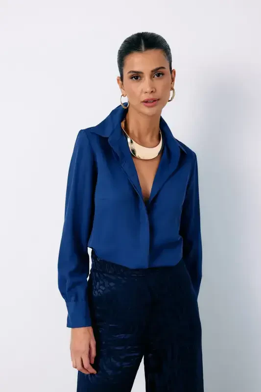 Классическая прямая рубашка - ТЕМНО-СИНИЙ-ТЕМНО-СИНИЙ - 1