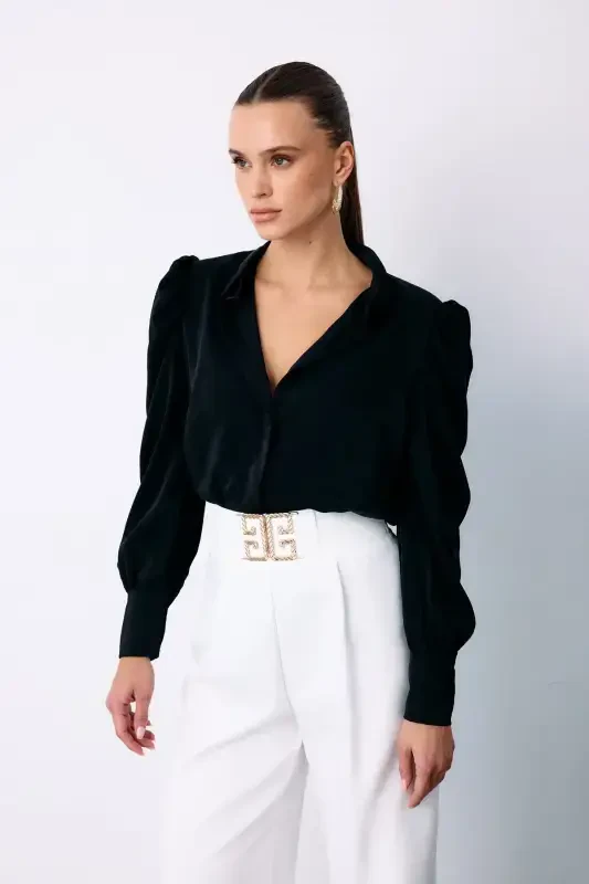 Классическая рубашка с воротником - Черная - SATEEN