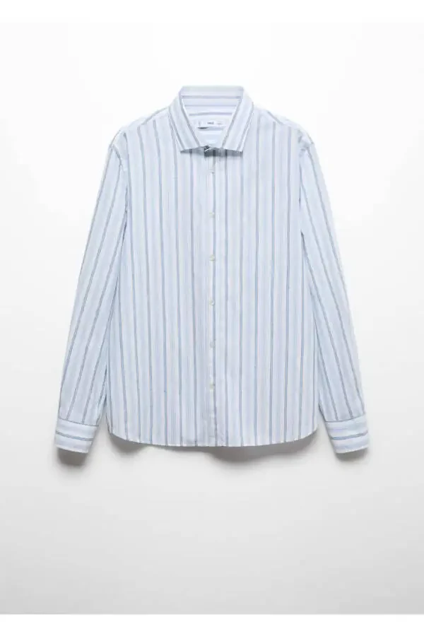 Классическая рубашка с вырезом из хлопкового льна с деревенской полоской - 3