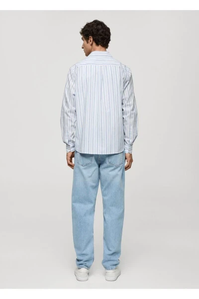 Классическая рубашка с вырезом из хлопкового льна с деревенской полоской - 4