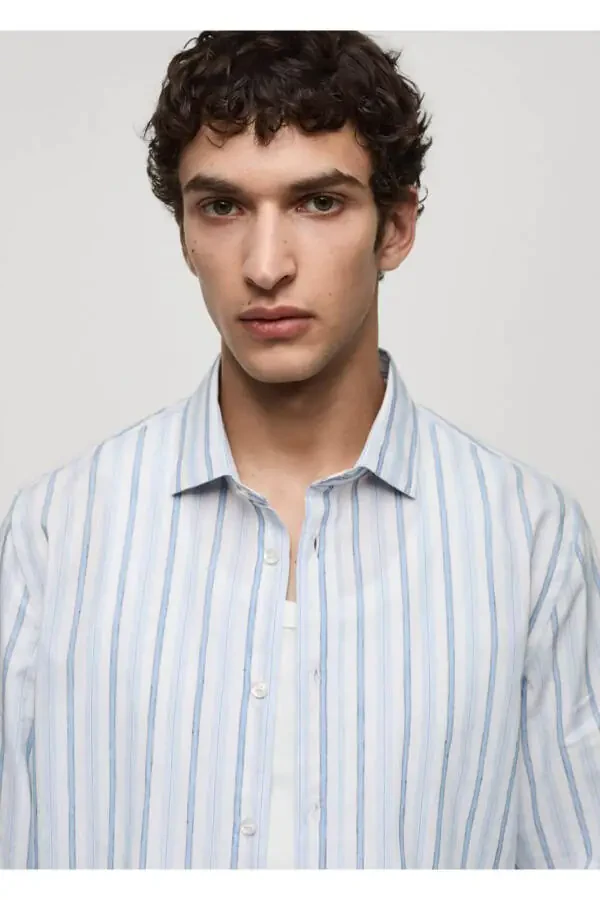 Классическая рубашка с вырезом из хлопкового льна с деревенской полоской - 7