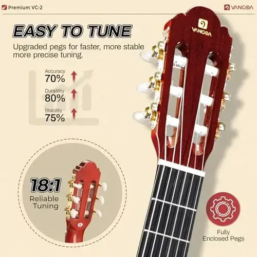 Klassik Gitara To'liq Hajmi 4/4 Ispan Uslubi Klassik Gitara, 39 Dyumli Neylon Torli Gitara Boshlovchi Kattalar uchun Ideal, Qattiq Palisandr Qizil, Vangoa tomonidan - 6