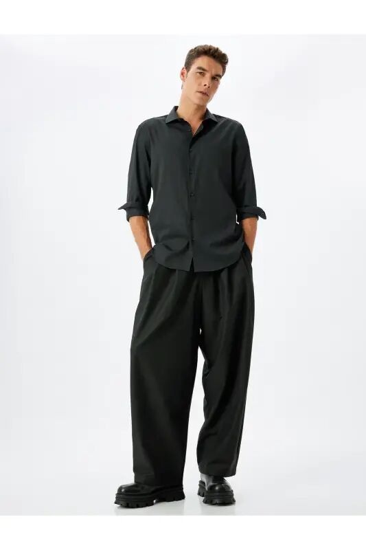 Klassik ko'ylak Slim Fit Uzun yengli Yarim italyancha yoqa Paxta aralash - Qora - 2