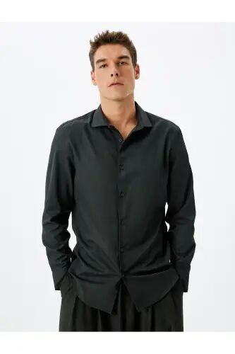 Klassik ko'ylak Slim Fit Uzun yengli Yarim italyancha yoqa Paxta aralash - Qora - 3