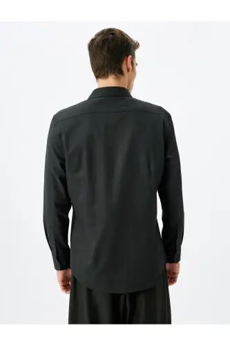 Klassik ko'ylak Slim Fit Uzun yengli Yarim italyancha yoqa Paxta aralash - Qora - 4