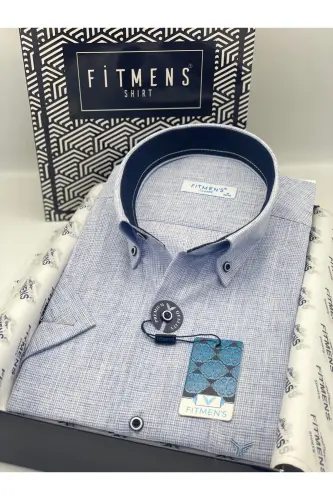 Klassik Qisqa Qisma Zig'ir Yoqali Tugmali Sovg'a Qutili Erkaklar Ko'ylagi Fs-003626 - Moviy-Moviy - 7