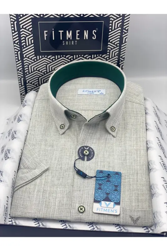 Klassik Qisqa Qol Keten Yoqa Tugmali Sovg'a Qutili Erkak Ko'ylak FS-003626 - Yashil-Yashil - 1
