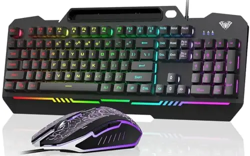 Клавиатура AULA, T102 104 клавиши Игровая клавиатура и мышь Комбо с RGB подсветкой PC клавиатура, Всеметаллическая панель Водонепроницаемая Подсветка Тихая компьютерная клавиатура, USB проводная клавиатура для MAC Xbox PC геймеров - 1