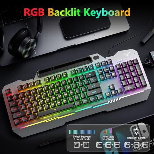 Клавиатура AULA, T102 104 клавиши Игровая клавиатура и мышь Комбо с RGB подсветкой Тихая компьютерная клавиатура, Вся металлическая панель, Водонепроницаемая подсвечиваемая клавиатура для ПК, USB проводная клавиатура для игр MAC Xbox PC Gamer - 2