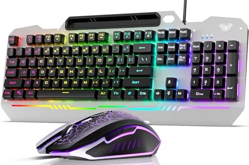 Клавиатура AULA, T102 104 клавиши Игровая клавиатура и мышь Комбо с RGB подсветкой Тихая компьютерная клавиатура, Вся металлическая панель, Водонепроницаемая подсвечиваемая клавиатура для ПК, USB проводная клавиатура для игр MAC Xbox PC Gamer - MODAZONE