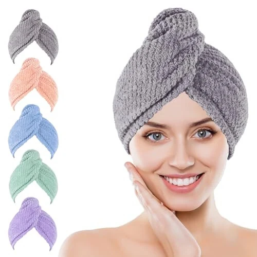 Kldnkig Soft Microfiber Hair Drying Towel Wrap, 5 Pack Elastic Hair Turbans for Fast Drying, Ideal for Women, Curly Wet Hair - Kldnkig