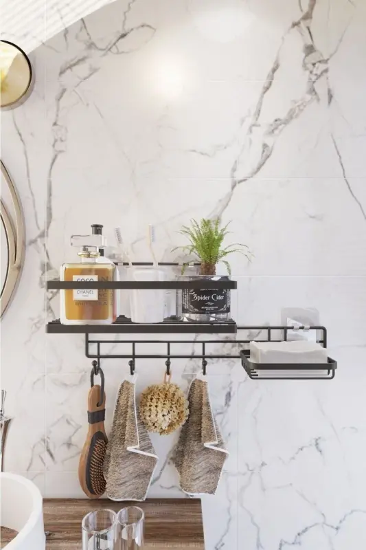 Клейкая полка для ванной с 4 крючками и мыльницей. Настенный органайзер для ванной. - 3