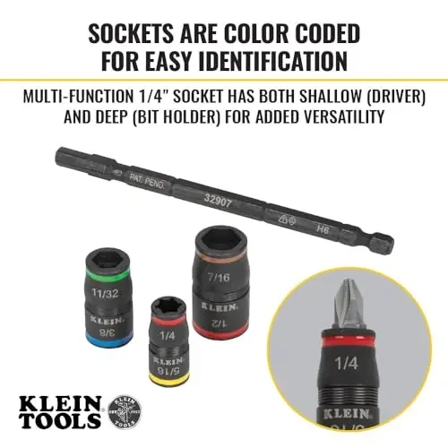 Klein Tools 32907 Impact Driver, 7-in-1 SAE Impact Socket Set, Flip Socket Set with 1/4, 5/16, 11/32, 3/8, 7/16 and 1/2-Inch Nut Driver Sizes and 1/4-Inch Bit Holder, 5-Inch Shaft - 3
