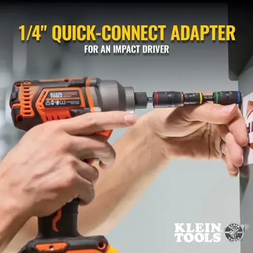 Klein Tools 32907 Impact Driver, 7-in-1 SAE Impact Socket Set, Flip Socket Set with 1/4, 5/16, 11/32, 3/8, 7/16 and 1/2-Inch Nut Driver Sizes and 1/4-Inch Bit Holder, 5-Inch Shaft - 5