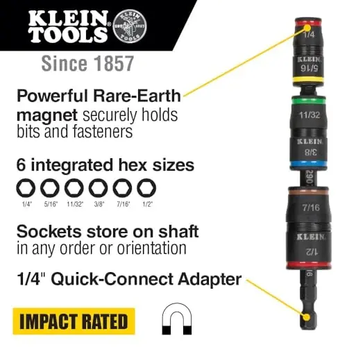 Klein Tools 32907 Impact Driver, 7-in-1 SAE Impact Socket Set, Flip Socket Set with 1/4, 5/16, 11/32, 3/8, 7/16 and 1/2-Inch Nut Driver Sizes and 1/4-Inch Bit Holder, 5-Inch Shaft - KLEIN TOOLS (1)