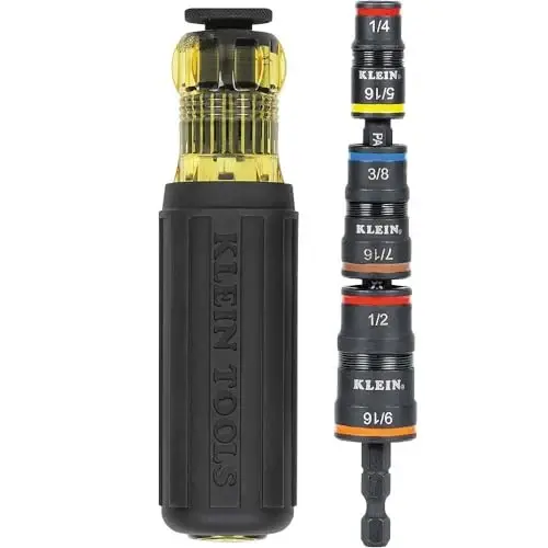 Klein Tools 32910 zarba haydovchi, 7-in-1 SAE zarba rozetkasi tutqich bilan, 1/4, 5/16, 3/8, 7/16, 1/2 va 9/16 dyuymli gayka haydovchi o'lchamlari va 1/4 dyuymli bit ushlagichi bilan flip rozetkasi 