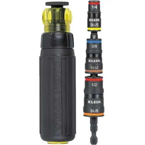 Klein Tools 32910RCHT Impact Driver, 7-in-1 SAE Impact Socket Set with Ratcheting Handle, Flip Socket with 1/4, 5/16, 3/8, 7/16, 1/2 and 9/16-Inch Nut Driver Sizes and 1/4-Inch Bit Holder - KLEIN TOOLS