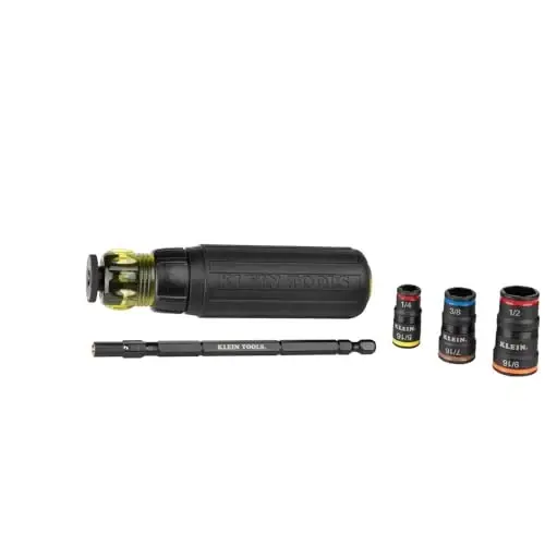 Klein Tools 32910RCHT Impact Driver, 7-in-1 SAE Impact Socket Set with Ratcheting Handle, Flip Socket with 1/4, 5/16, 3/8, 7/16, 1/2 and 9/16-Inch Nut Driver Sizes and 1/4-Inch Bit Holder - 2