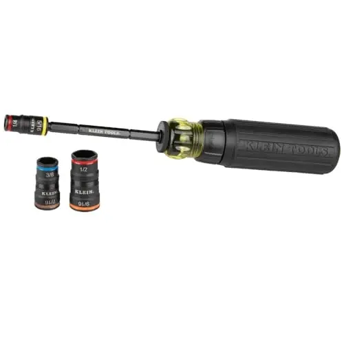 Klein Tools 32910RCHT Impact Driver, 7-in-1 SAE Impact Socket Set with Ratcheting Handle, Flip Socket with 1/4, 5/16, 3/8, 7/16, 1/2 and 9/16-Inch Nut Driver Sizes and 1/4-Inch Bit Holder - 3