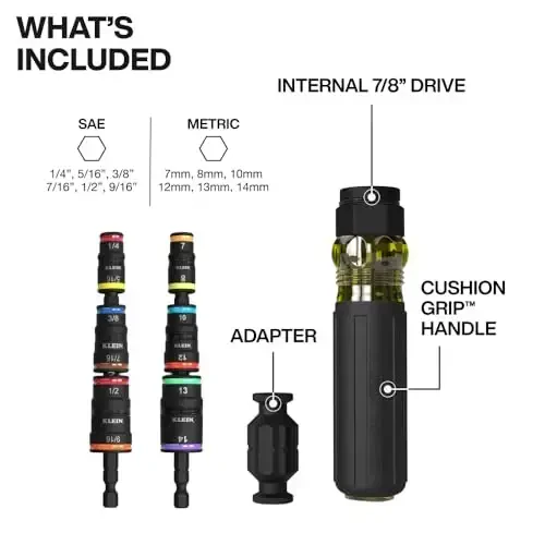 Klein Tools 32914HD 14-in-1 zarba bilan baholangan Flip Socket to'plami, SAE va metrik o'lchamlar, 12 ta olti burchakli haydovchi va bit ushlagichli magnit rozetka to'plami, yostiqli tutqich - 6