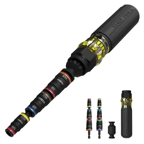 Klein Tools 32914HD 14-in-1 zarba bilan baholangan Flip Socket to'plami, SAE va metrik o'lchamlar, 12 ta olti burchakli haydovchi va bit ushlagichli magnit rozetka to'plami, yostiqli tutqich - 4