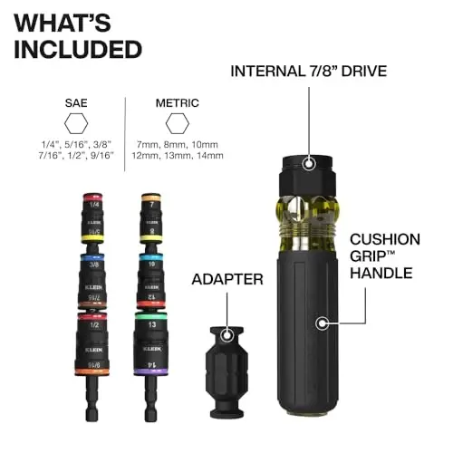 Klein Tools 32914HD 14-in-1 zarba bilan baholangan Flip Socket to'plami, SAE va metrik o'lchamlar, 12 ta olti burchakli haydovchi va bit ushlagichli magnit rozetka to'plami, yostiqli tutqich - 5