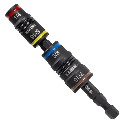 Klein Tools 32932 5-in-1 SAE Impact Socket Set, 2 Flip Sockets with 1/4, 5/16, 3/8, 7/16 Nut Driver Sizes and 1/4-Inch Bit Holder, Impact Rated 3-1/2-Inch Shaft - 1