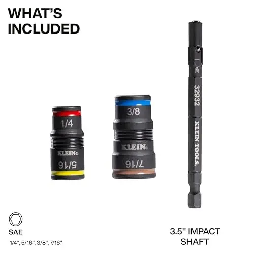 Klein Tools 32932 5-in-1 SAE Impact Socket Set, 2 Flip Sockets with 1/4, 5/16, 3/8, 7/16 Nut Driver Sizes and 1/4-Inch Bit Holder, Impact Rated 3-1/2-Inch Shaft - Klein Tools (1)